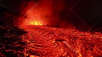 Capture the mesmerizing dance of superheated liquid rock, where vibrant orange and red hues ripple and crackle against cooling,