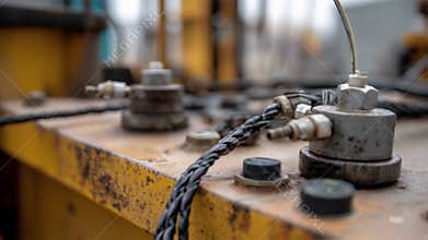 A detailed shot of vibration sensors installed on heavy drilling machinery at an oil well highlighting rugged industrial