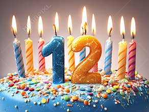 A festive round birthday cake with 12 candles, vibrant blue icing, colorful sprinkles, and sparkles in a 3D cartoon style The