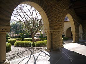 Stanford University: arcade of arches with view of spring tree