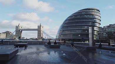 London City Hall and Tower Bridge - LONDON, ENGLAND - DECEMBER 16, 2018
