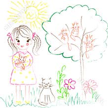 Illustration on the theme of children`s drawings girl with cats