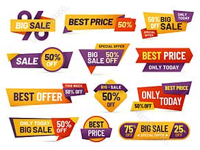 Retail sale tags. Cheap price flyer, best offer price and big sale pricing tag badge design isolated vector collection