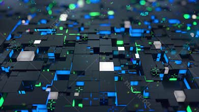 Seamless loop: 3d Digital technology concept. Black cubes with green and blue segments symbolize data block.