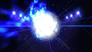 Volleyball in field under color lighting. Sports team concept. Stadium. Ground. Field. Spotlights at night.