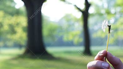 Happy dandelion blowing in the park during spring
