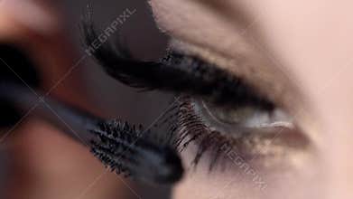 Close-up apply mascara on eyelashes of beautiful female eye. Action. Incredible lash length with super curl effect by