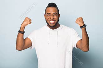 Smiling black male look at copy space consider offer