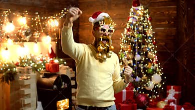 Solid Santa Claus man with beard and mustache. Hipster Santa Claus Christmas preparation. Christmas party. Portrait of