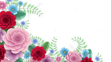 Toon flowers growing, appearing, botanical background, decorative corner frame, blank space for text, pencil style