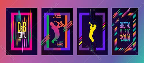 Jazz music and dance festival electronic disco pop up club travel banners and frames set vector