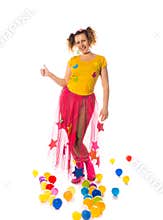 Woman animator in fany suit preparing for engaged with children