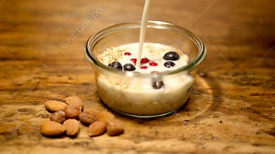 Cinemagraph of glass bowl with cereal and fresh milk
