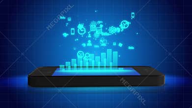 Bar chart growing from mobile phone screen, time management apps, online banking