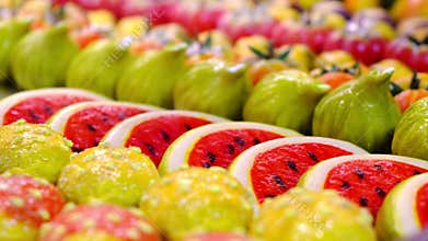 Marzipan sweets pastry fruit watermelon shape of Sicily Calabria Apulia in italy