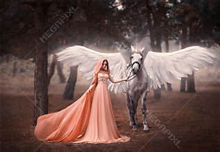Beautiful, young elf, walking with a unicorn. She is wearing an incredible light, white dress. Art hotography