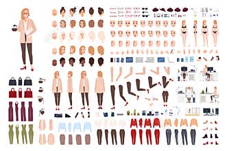 Female secretary or office assistant constructor or creation kit. Bundle of pretty cartoon character body parts, facial
