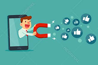 Businessman on smart phone screen use magnet to attract thumb up
