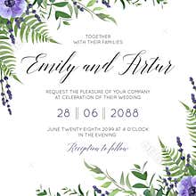 Wedding floral invite, invitation save the date card design with watercolor lavender blossom, violet anemone flowers, forest gree