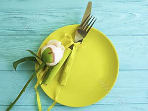 Empty plate serving flower peony elegant holiday vintage birthday romantic on blue wooden background