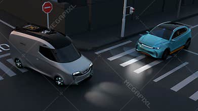 Blue SUV avoid an accident from a minivan at crossroad