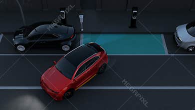 Autonomous SUV is parallel parking into parking lot at roadside with graphic elements