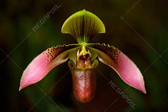 Wild orchid Paphiopedilum, China shrubby grassy slopes. Orange flower, nature habitat. Beautiful orchid bloom, close-up detail. W