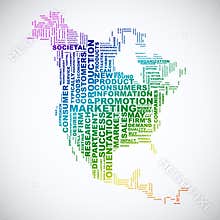 Word cloud business concept. North America map from text