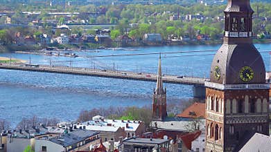 Riga skyline, Latvia. Aerial view of Riga. Panorama View at Riga from the tower of Saint Peter`s Church, Latvia.