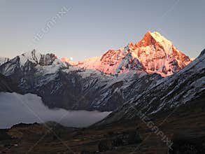 Mountain Machapuchare, ridge and moon