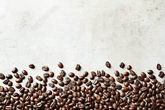 Roasted coffee beans on grey background with space