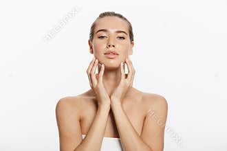 Woman Beauty Makeup, Natural Face Make Up, Body Skin Care, Beautiful Model Touching Neck Chin