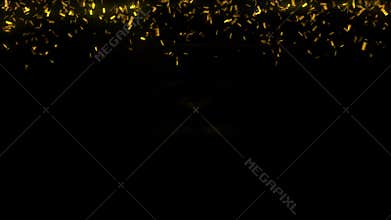 Golden confetti fall on black background. 3D illustration