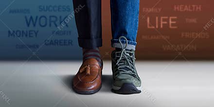 Work Life Balance Concept. Low Section of a Man Standing with Ha