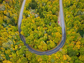 Aerial drone view of U Turn Road Curve in Autumn / Fall foliage overhead. Blue Ridge in the Appalachian Mountains near Asheville,