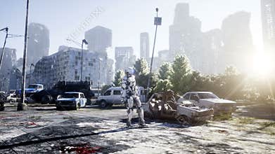 Military robot in destroyed city. Future apocalypse concept. Realistic 4k animation.