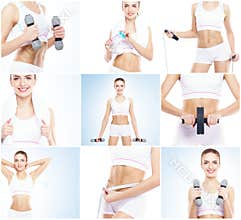 Beautiful and fit woman in a fitness workout. Isolated collage. Sport, nutrition, health and weight loss concept.