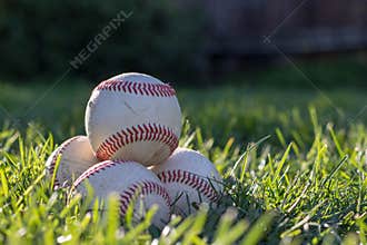 Pile of worn baseballs in the grass, soaking in the afternoon sun