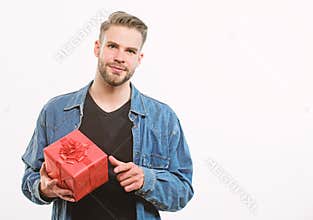 Romantic greeting. Boxing day. Happy birthday. Man share present. unshaven man with present box. Handsome macho man