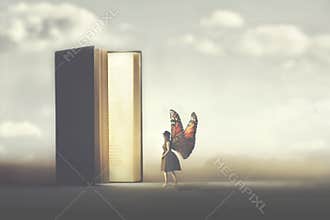 Butterfly woman enters the pages of a fantasy book