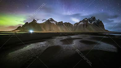 4K Time lapse of aurora borealis over Mt.vestrahorn, Iceland