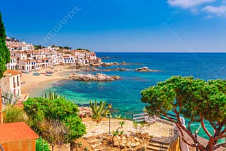 Sea landscape with Calella de Palafrugell, Catalonia, Spain near of Barcelona. Scenic fisherman village with nice sand beach and