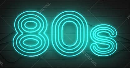 Disco dance 80s neon sign lights logo text glowing multicolor purple blue and green on dark black brick background, vintage