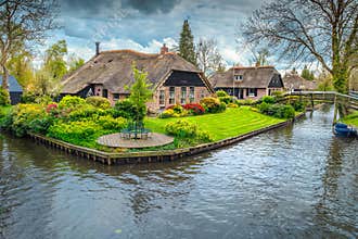 Dutch village with colorful ornamental garden and spring flowers, Giethoorn