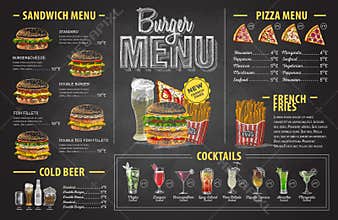 Vintage chalk drawing burger menu design. Fast food menu
