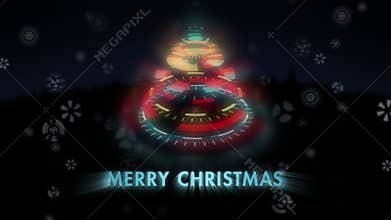 Stylized bizarre Christmas trees, animated Sign Merry Christmass, falling snowflakes.