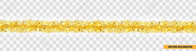 Detailed wide golden christmas garland. Xmas tinsel border . Vector decoration for holiday design, website
