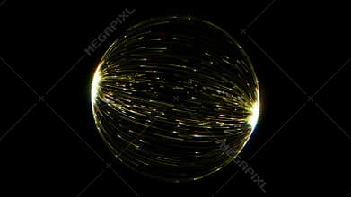 Abstract gold sphere of luminous line lights with glare effect on black background. Magic futuristic light background