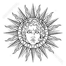 Hand drawn antique style sun with face of the greek and roman god Apollo. Flash tattoo or print design vector illustration