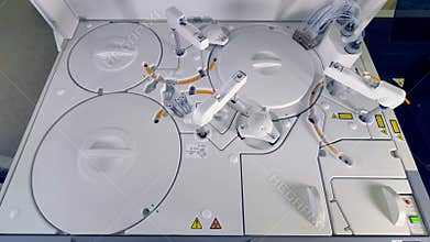 A clinical biochemistry automatic analyzer at work.